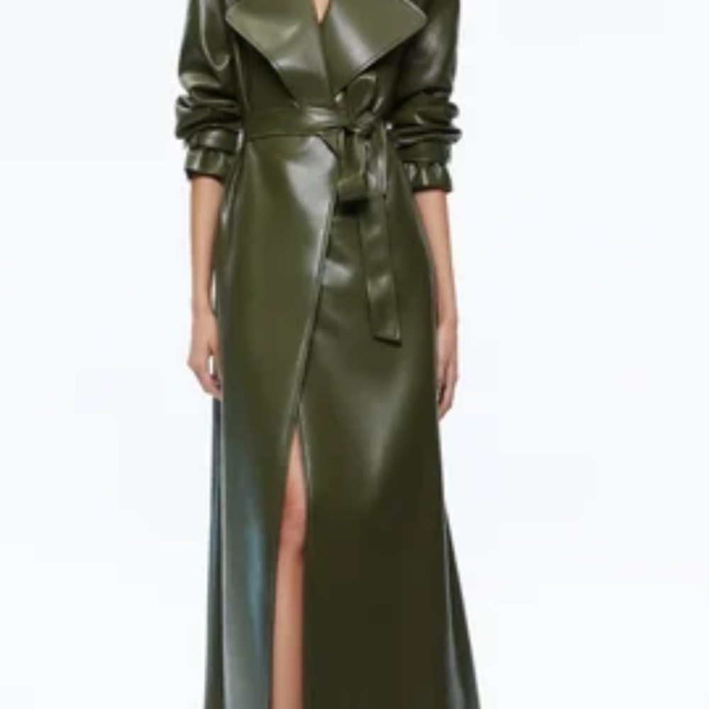 JARRETT VEGAN LEATHER TRENCH COAT, ADARA SPAGHETTI STRAP BUSTIER MINI DRESS TOTA